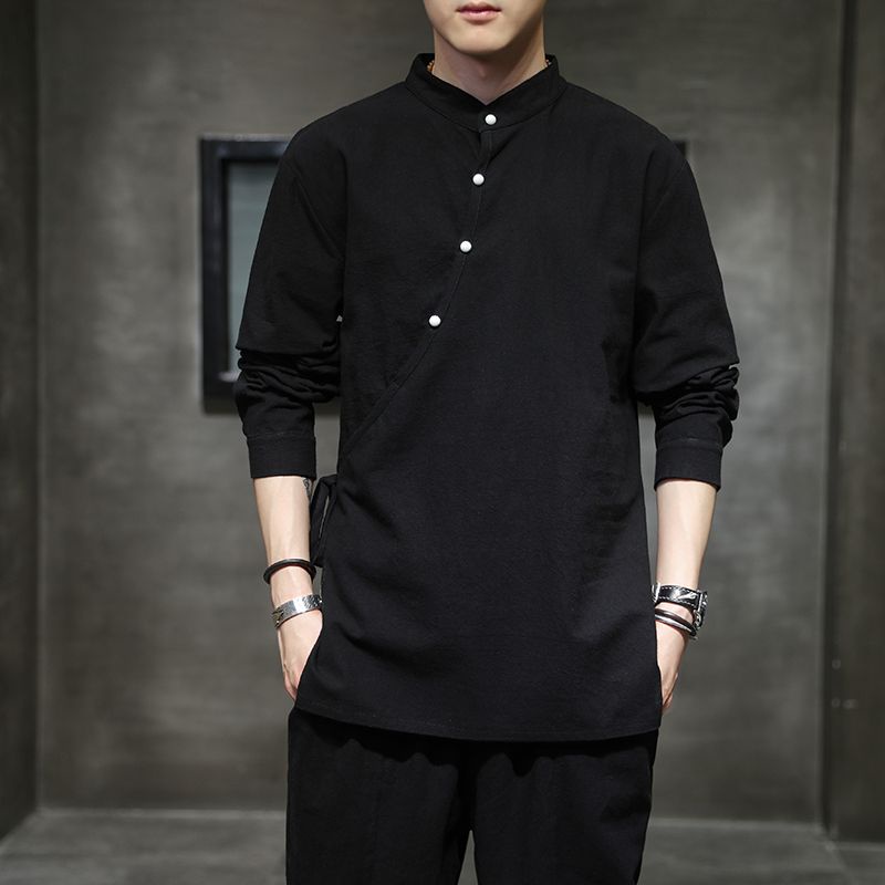 เสื้อยืดแขนยาว ผ้าฝ้าย และผ้าลินิน ทรงหลวม สีพื้น สไตล์จีนเรโทร