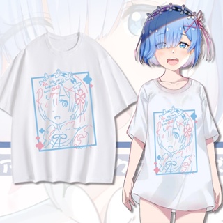 เสื้อผู้ชาย Re:Zero Rem เสื้อยืดสองมิติเอมิเลียเสื้อผ้าญี่ปุ่นผู้ชายและผู้หญิงอะนิเมะผ้าฝ้ายแขนสั้นฤดูร้อน ลายสกรีนคมชัด