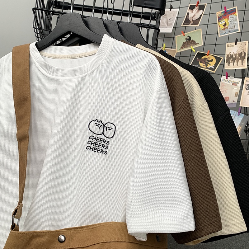 เสื้อยืดลําลอง แขนสั้น คอกลม ทรงหลวม ลายวาฟเฟิล แฟชั่นฤดูร้อน สไตล์เกาหลี สําหรับผู้ชาย และคู่รัก