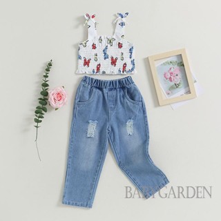 Babygarden-1-6 ปี ชุดเสื้อผ้าเด็กผู้หญิง แขนกุด พิมพ์ลายผีเสื้อ ยกทรง + กางเกงยีน เอวยางยืด ขาด