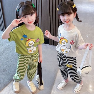 [JOY] ชุดสูทแขนสั้น ลายทาง สองชิ้น ขนาดเล็ก กลาง และเล็ก แบบเรียบง่าย แฟชั่นฤดูร้อน สําหรับเด็กผู้หญิง