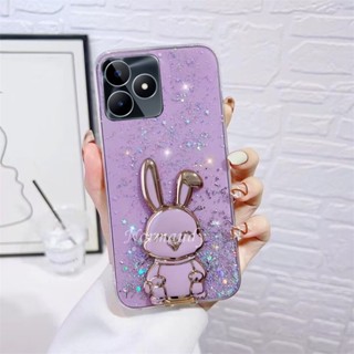 เคสโทรศัพท์มือถือ TPU นิ่ม แบบใส ปิดด้านหลัง ลายกระต่ายน่ารัก พร้อมขาตั้ง แต่งกลิตเตอร์ สําหรับ Realme C53 C55 NFC C33 C35 C30 C30S 10T 10 Pro Plus Pro+ 5G 4G