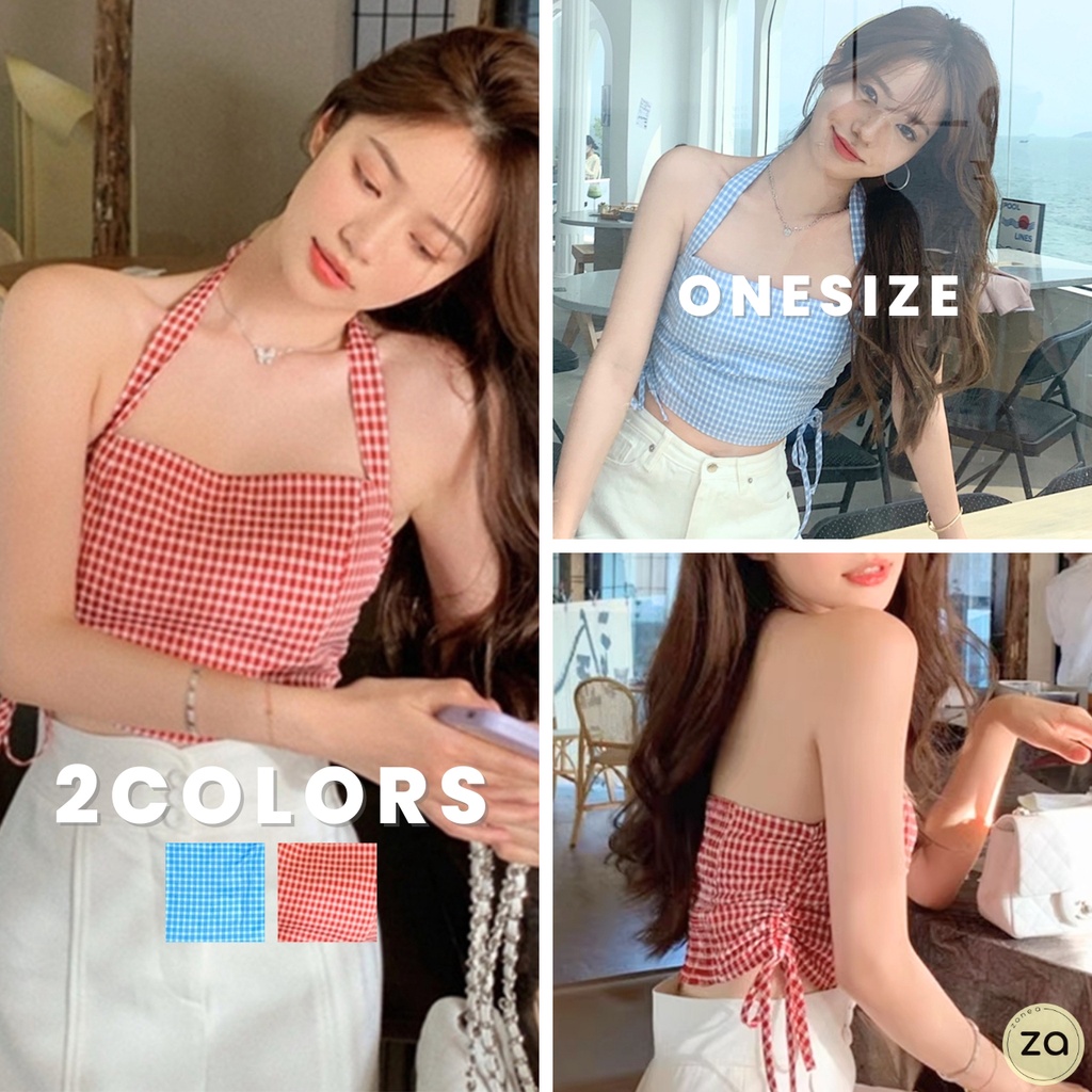 HOT SALE เสื้อครอปสายผูกคล้องคอ ลายสก็อต 3 สี