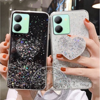 vivo Y35 Y36 Y52 Y72 Y76 Y76s Y77 5G Bling Glitter Star Silicone Case Luxury Foil Powder Soft TPU Back Cover Crystal Sequins Flexible Shine Protective Phone Casing with Heart Shape Popsocket Stand POP Socket