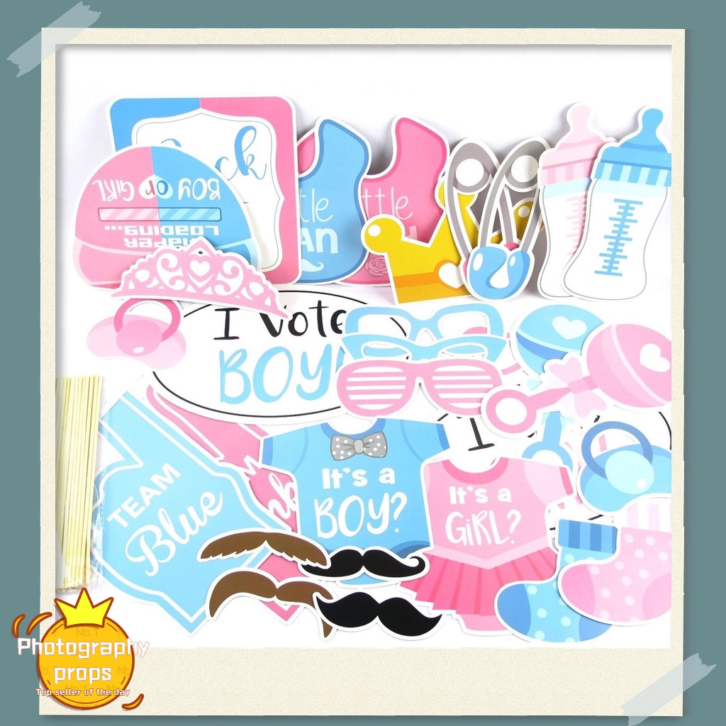 30 ชิ้น Baby Shower Photo Booth Props BOY OR GIRL เพศเปิดเผย Photo Props ชุด Party Supplies ตกแต่ง