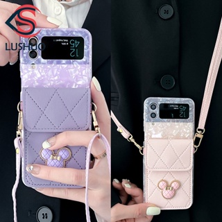 Lushuo เคสโทรศัพท์มือถือหนัง ลายมิกกี้ มินนี่เมาส์ พร้อมสายคล้อง สําหรับ Samsung Galaxy Z Flip 3 5G and Z Flip 4 Z Flip3 ZFlip3 ZFlip 3 Z Flip4 ZFlip