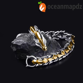 OCEANMAPDZ เครื่องประดับ สร้อยข้อมือ สายโซ่ จี้มังกร สีเงิน สไตล์พังก์ ฮิปฮอป เรโทร ให้เป็นของขวัญได้ แฟชั่นสําหรับผู้ชาย