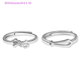 Alittlesearch11 แหวนคู่รัก ประดับโบว์ เพทาย ทรงเรขาคณิต ปรับได้ เครื่องประดับ ของขวัญ สําหรับผู้ชาย ผู้หญิง