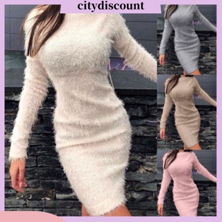 &lt;citydiscount&gt; ชุดเดรสกันหนาวแขนยาว คอกลม เข้ารูป สีพื้น แฟชั่นฤดูใบไม้ร่วง และฤดูหนาว สําหรับผู้หญิง