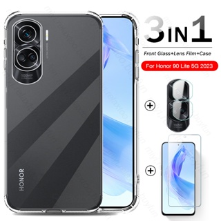 3In1 Honer 90 Light 5G Case + Camere Lens Screen Protector Tempered Glass For Honor 90 Lite 90Lite 5G Soft TPU Protect shell