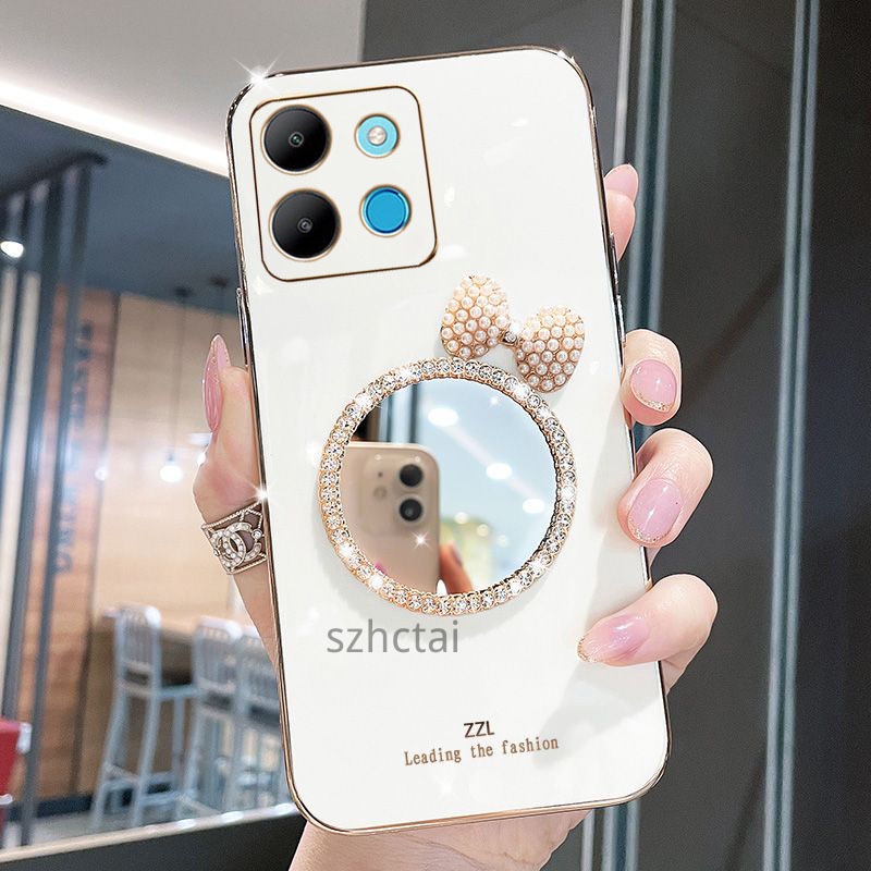 เคส Infinix Smart 7 X6515 หรูหรา มุก โบว์ กระจกแต่งหน้า ชุบ ซิลิโคน เคสโทรศัพท์ นิ่ม Infinix Smart 7