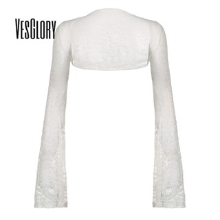 Vesglory เสื้อครอปท็อป แขนยาว เข้ารูป แต่งลูกไม้ สีพื้น เซ็กซี่ แฟชั่นสําหรับสตรี 2023