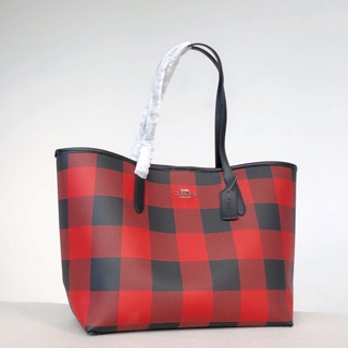 City Tote With Buffalo Plaid Print C7271 แท้ กระเป๋าสะพายข้าง COAC H กระเป๋าถือ ความจุสูง