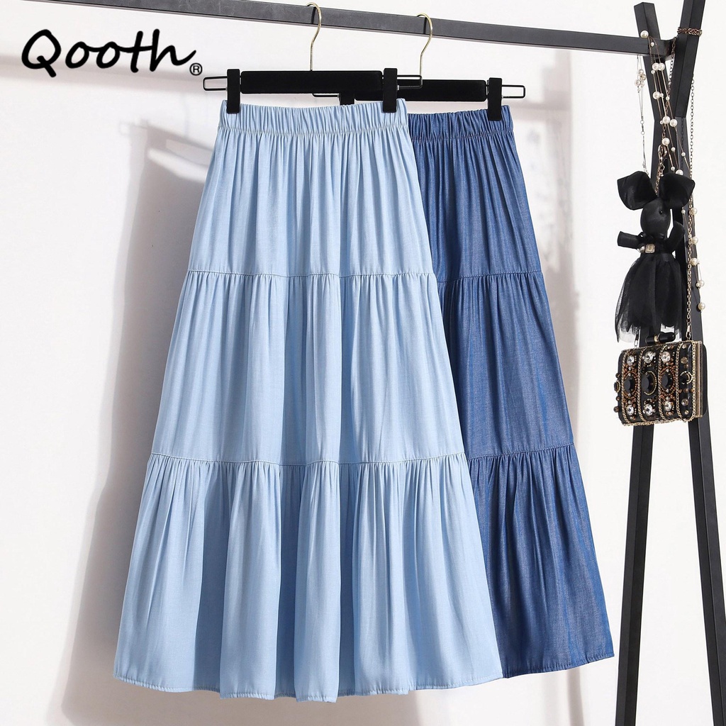 Qooth กระโปรงยาว ทรงเอ ผ้ายีน เอวยางยืด จับจีบ สีพื้น แฟชั่นฤดูใบไม้ผลิ ฤดูร้อน สําหรับสตรี QT2158