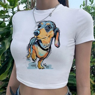 Dachshund cyber y2k trashy เสื้อครอปท็อป 2000s yk2 แฟชั่นเกาหลี เสื้อผ้าคาวาอี้ เสื้อยืด