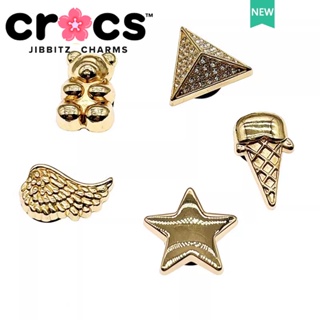 Jibbitz crocs หัวเข็มขัดโลหะ รูปดาวห้าแฉก พีระมิด สีทอง สําหรับตกแต่งรองเท้า DIY