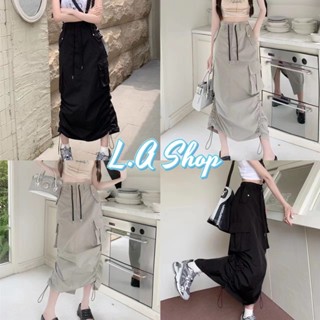 L.A Shop ​พร้อมส่ง กระโปรงยาว ทรงเอวสูงผ้าร่ม เอวสม๊อค มีกระเป๋าข้าง 2ใบ "2327" -NZ-XM