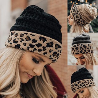 พิมพ์เสือดาว ถักหมวกแบบสาวฤดูหนาว อบอุ่น คู่รัก ถักหมวก Beanie Chapeau