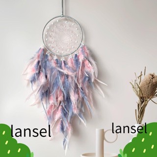 Lansel จี้ตาข่ายดักฝัน ประดับขนนก สีเทา และสีชมพู สําหรับแขวนตกแต่งผนังห้องนอน