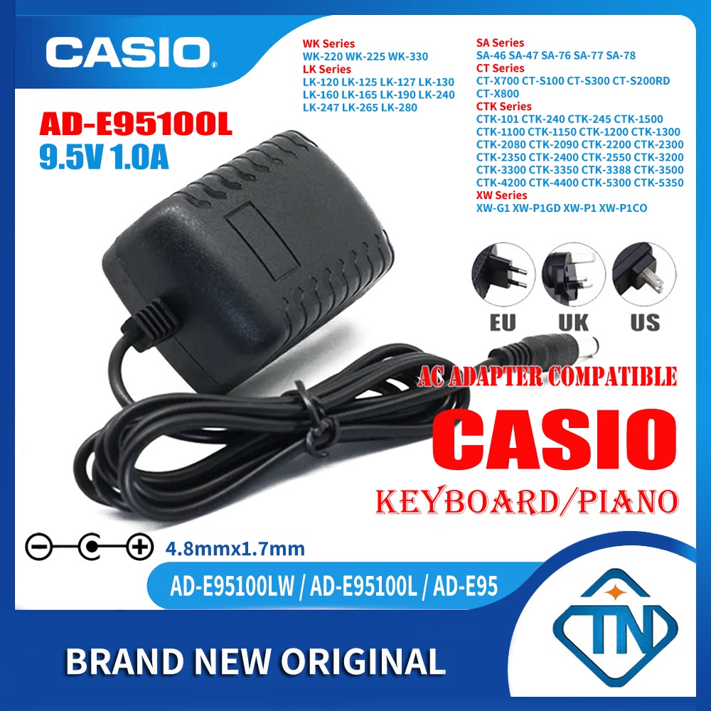 อะแดปเตอร์พาวเวอร์ซัพพลายเปียโนไฟฟ้า 9.5V 1A AC DC AD-E95100L สําหรับ Casio CT-S1 (RD WE BK) CT-S400 CT-S410 CTK-5500 LK-315