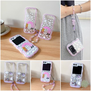 เคสโทรศัพท์มือถือ TPU นิ่ม แบบใส กันกระแทก ปิดด้านหลัง กรอบหยัก ลายการ์ตูนเด็กผู้หญิง พร้อมสายโซ่คล้องมือ สําหรับ Samsung Galaxy Z Flip 5 Z Flip 4 Z Flip 3 5 4 3