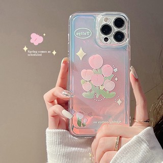 เคสโทรศัพท์มือถือ ป้องกันการตก ลายดอกทิวลิป สีชมพู แบบสร้างสรรค์ สําหรับ IPhone 11 12 13 14