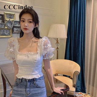 Cccindee เสื้อยืด คอสี่เหลี่ยม แขนพอง ลําลอง สีพื้น เข้ากับทุกการแต่งกาย แฟชั่นสําหรับผู้หญิง 2023