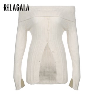 Relagala เสื้อยืดลําลอง เปิดไหล่ ผ้าถัก สีขาว แฟชั่นใหม่ สําหรับสตรี 2023