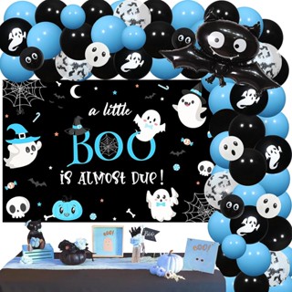 A Little Boo Is Almost Due ป้ายแบนเนอร์ รูปลูกโป่ง สีฟ้า สีดํา สําหรับตกแต่งปาร์ตี้ฮาโลวีน