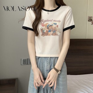 Molasome เสื้อยืดลําลอง คอกลม แขนสั้น พิมพ์ลาย สีตัดกัน เข้ารูป สําหรับสตรี 2023