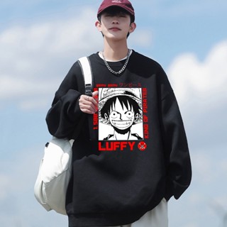 เสื้อกันหนาว แขนยาว พิมพ์ลายการ์ตูนอนิเมะ One Piece Luffy ทรงหลวม สไตล์ญี่ปุ่น สําหรับผู้ชาย และคู่รัก