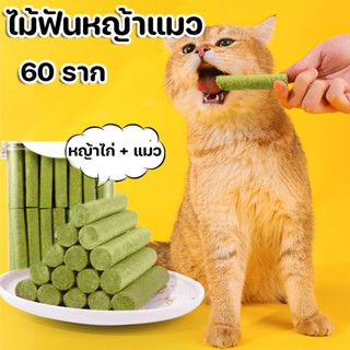 😻ไม้ฟันหญ้าแมว😻ขนมหญ้าแมว ช่วยขัดฟัน  60 ราก เพื่อกำจัดก้อนขน ไม้ขัดฟัน