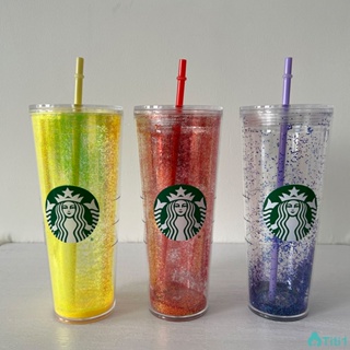 Classic Starbucks Tumbler Straw Cup Double Layer Laser Flash Powder Straw Cup Girls&amp;#39; Plastic Cup 710ml / 24oz TH1