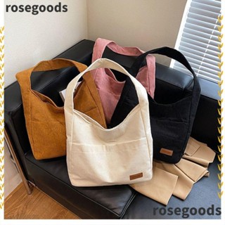 Rosegoods1 กระเป๋าสะพายไหล่ กระเป๋าถือ ผ้าแคนวาส ผ้าลูกฟูก สีพื้น สไตล์วินเทจ แฟชั่นฤดูใบไม้ร่วง สําหรับสตรี