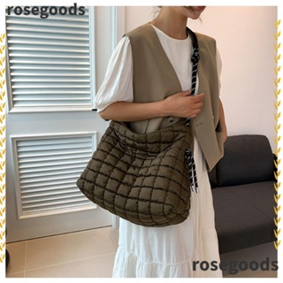 Rosegoods1 กระเป๋าถือ กระเป๋าสะพายไหล่ ผ้าฝ้าย ไนล่อน บุฟองน้ํา ลายสก๊อต น้ําหนักเบา สีพื้น สําหรับสตรี