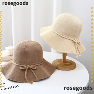 Rosegoods1 หมวกฟางปีกกว้าง กันแดด ระบายอากาศ ประดับโบว์ สไตล์เกาหลี สําหรับชาวประมง เดินทาง