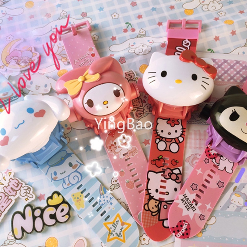 Kawaii Sanrio ของแท้ นาฬิกาโปรเจคเตอร์ การ์ตูนคุโรมิ ฝาพับ ของเล่นอิเล็กทรอนิกส์ นาฬิกาน่ารัก ของขวัญ Cinnamoroll