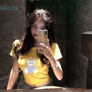 Gjcute เสื้อครอปท็อป คอกลม แขนสั้น พิมพ์ลายหมี สไตล์เรโทร ฤดูร้อน สําหรับผู้หญิง WTD