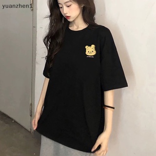 Yuan เสื้อยืดลําลอง แขนสั้น คอกลม พิมพ์ลายการ์ตูนหมี ทรงหลวม แฟชั่นฤดูร้อน สําหรับสตรี ZHN