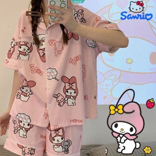 Sanrio My Melody PompomPurin ชุดนอน เสื้อแขนสั้น กางเกงขาสั้น ลายเฮลโลคิตตี้ สําหรับผู้หญิง 2 ชิ้น [GM]