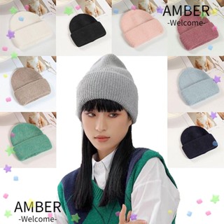 Amber หมวกบีนนี่ ผ้าขนสัตว์นิ่ม กันลม แต่งขนกระต่าย สามพับ ให้ความอบอุ่น สีพื้น แฟชั่นฤดูหนาว สําหรับผู้หญิง