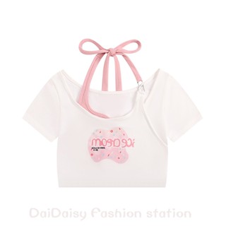 เสื้อยืดแขนสั้น คอผูกเชือก พิมพ์ลาย แฟชั่นฤดูร้อน สําหรับผู้หญิง 2023♥