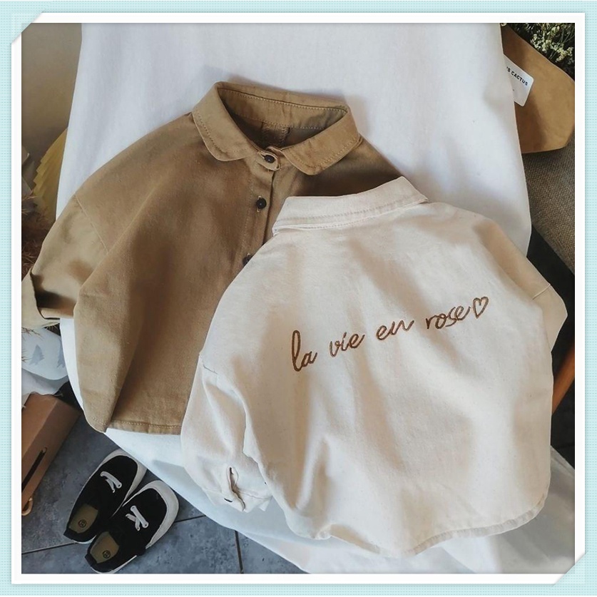 เสื้อเชิ้ตผ้าฝ้ายเด็กผู้ชาย ใหม่เด็กชายแฟชั่นเกาหลีสามมิติเย็บปักถักร้อยตัวอักษรพิมพ์โปโลคอปกแขนยาว/ท็อปส์ซู