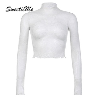 Sweeticme ใหม่ เสื้อยืดลําลอง แขนยาว คอสูง เข้ารูป แต่งลูกไม้ สีพื้น แฟชั่นสําหรับสตรี 2023