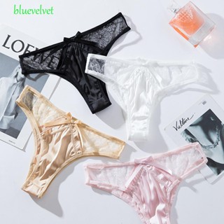 Bluevelvet กางเกงชั้นในจีสตริง ผ้าซาติน แต่งลูกไม้ ลายดอกไม้ สําหรับผู้หญิง