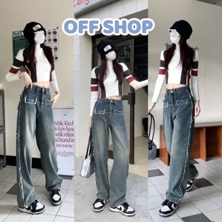 OFF SHOP พร้อมส่ง (OFF-177) กางเกงยีนส์ ขายาวเอวสูง ดีเทลขอบปลายรุ่ยๆ มี4ไซส์ -NZ