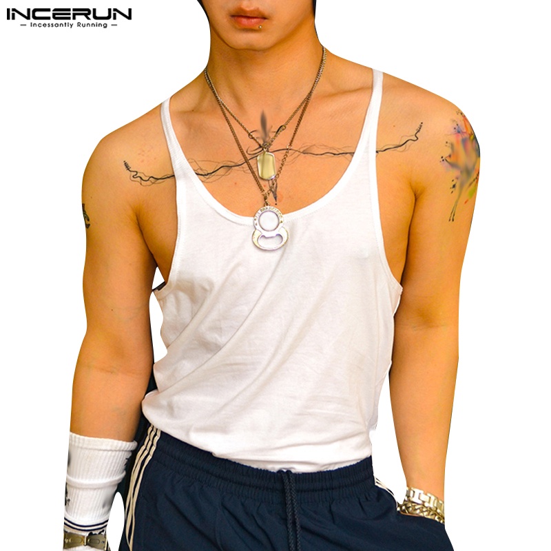 Incerun เสื้อกล้ามลําลอง แขนกุด สีพื้น สําหรับผู้ชาย เหมาะกับการวิ่ง