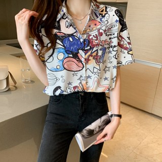 พร้อมส่ง เสื้อเชิ้ตแขนสั้น คอปก พิมพ์ลายการ์ตูนมิกกี้เมาส์ แฟชั่นฤดูร้อน สําหรับผู้หญิง