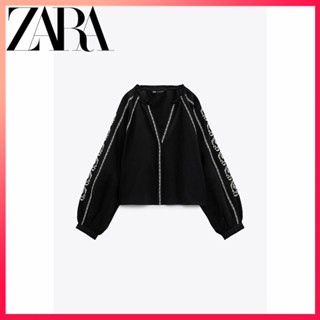 Zara ใหม่ เสื้อท็อป ผ้าลินิน ปักลาย สีดํา สําหรับผู้หญิง