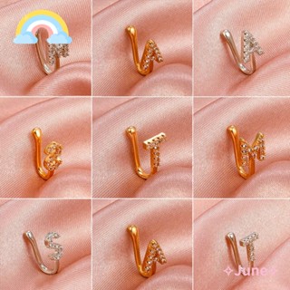 June จิวจมูก ชุบทอง แบบคลิปหนีบ ไม่ต้องเจาะ รูปตัวอักษร ประดับเพชรปลอม สไตล์แอฟริกัน สําหรับผู้หญิง